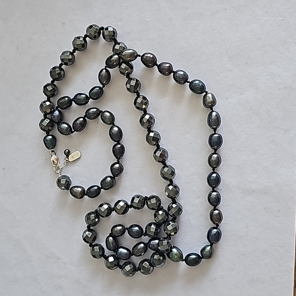 Anthology 925 Sterling Silver Clasp Faceted Hematite Pearl Beaded Long Necklace - Picture 2 of 11